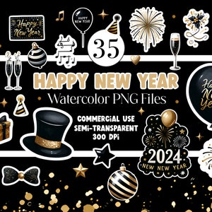 Nieuwjaar digitale PNG-stickers vuurwerk PNG 2024 PNG ballon clipart aquarel clipart commercieel gebruik aquarel clip art digitale download