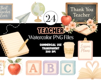 Watercolor Teacher Clipart Bundle | Teacher Appreciation PNG, Classroom Clipart, Teacher Gifts, School Clipart, Cute Watercolor PNG Set