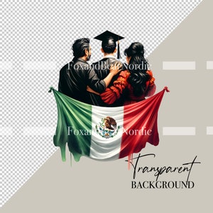 May include: A family of three, a man, a woman, and a young person, stand together in front of a Mexican flag. The young person is wearing a graduation cap and gown. The family is smiling and appears to be celebrating a graduation.