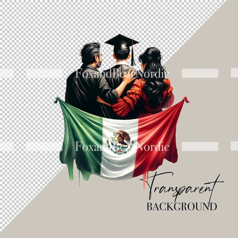 May include: A family of three, a man, a woman, and a young person, stand together in front of a Mexican flag. The young person is wearing a graduation cap and gown. The family is smiling and appears to be celebrating a graduation.