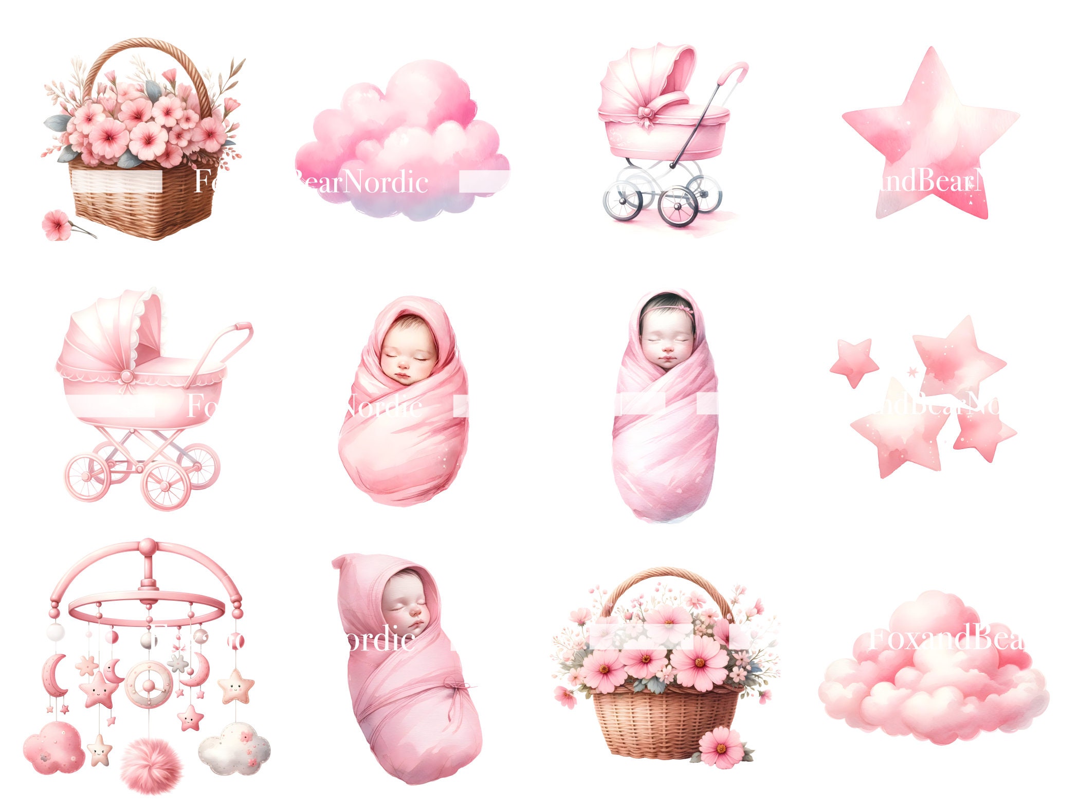 Watercolor Baby Shower Clipart Baby Girl Clipart Newborn Clipart 1st Birthday Girl PNG Stork Baby Clipart Baby Pink PNG Commercial Use image 8