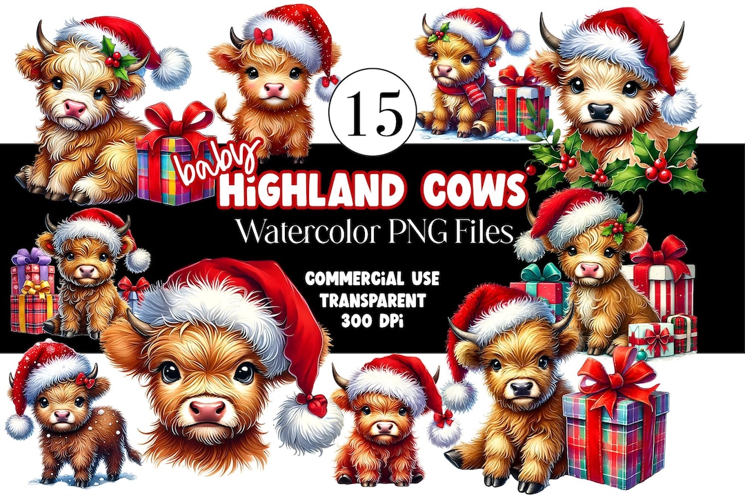 Watercolor Christmas Highland Cow PNG Christmas Cow Clipart Baby Animal ...
