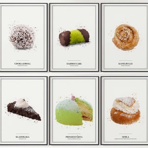 Swedish Fika Art Set of 6 Kanelbulle Chokladboll Semla Dammsugare Kladdkaka Prinsesstårta Swedish pastry Sweden Art Sweden Lover Gift
