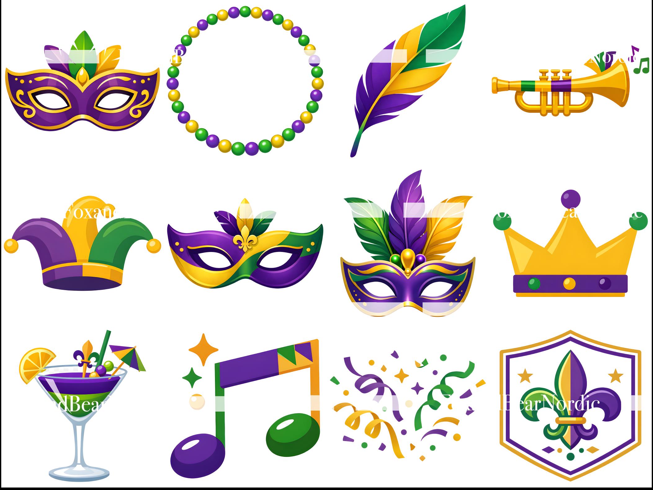 Mardi Gras Icons Clipart PNG | Carnival Symbols | Modern Fat Tuesday Graphics image 4