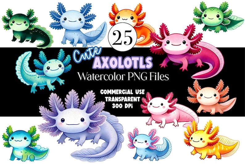May include: A set of 25 watercolor illustrations of cute axolotls in various colors, including pink, blue, green, orange, and yellow. The illustrations are perfect for digital scrapbooking, card making, and other creative projects. "Cute Axolotls Watercolor PNG Files" is written in the image.