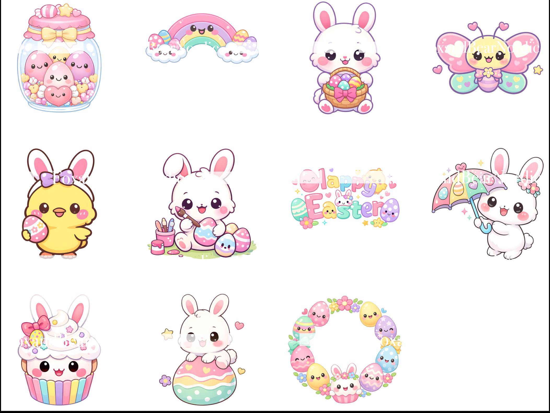 Kawaii Easter Clipart PNG Bundle | Cute Bunnies, Eggs, Chicks & Candy | Pastel Spring Cartoon Clipart, 300 DPI image 5