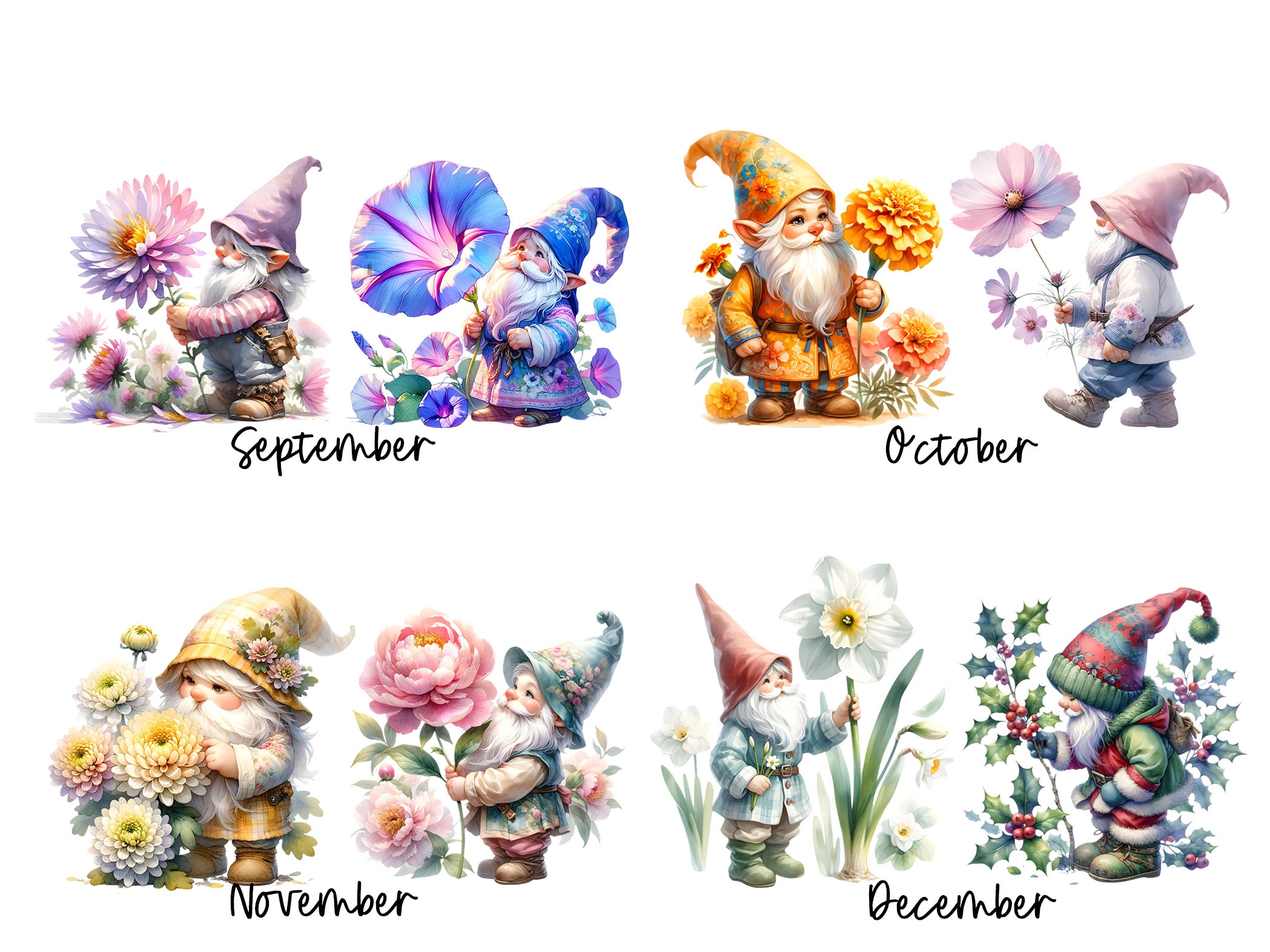 Watercolor Birth Month Flower Gnomes Clipart Birth Flower Clipart PNG Gnome Clip Art Watercolor Clipart Watercolor Clip Art Commercial Use image 6