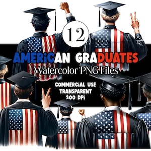 Graduación de acuarela PNG Graduación de doctor Clipart Graduación 2025 Clipart Gorro de graduación Bandera estadounidense Graduación masculina Uso comercial