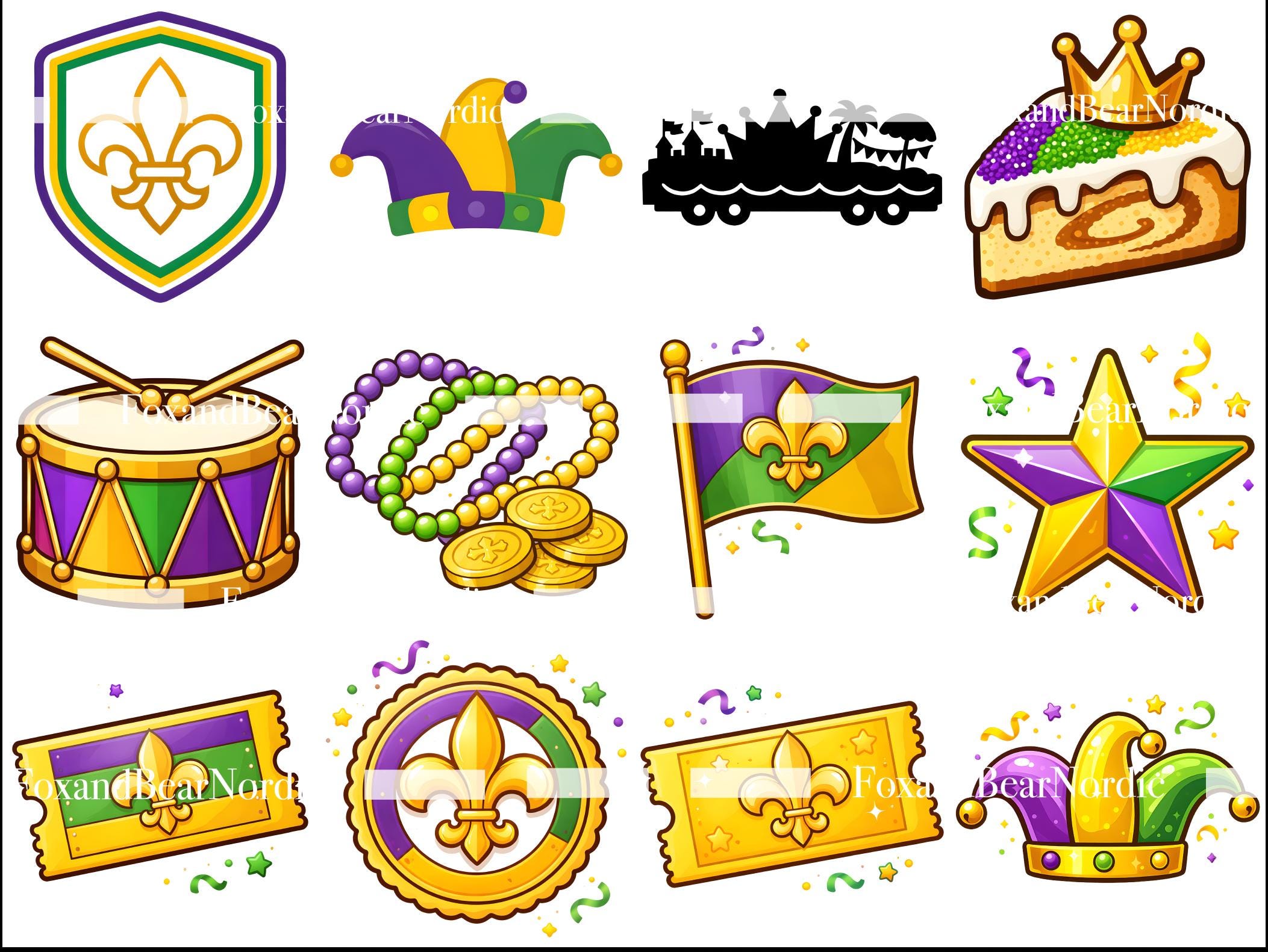 Mardi Gras Icons Clipart PNG | Carnival Symbols | Modern Fat Tuesday Graphics image 6