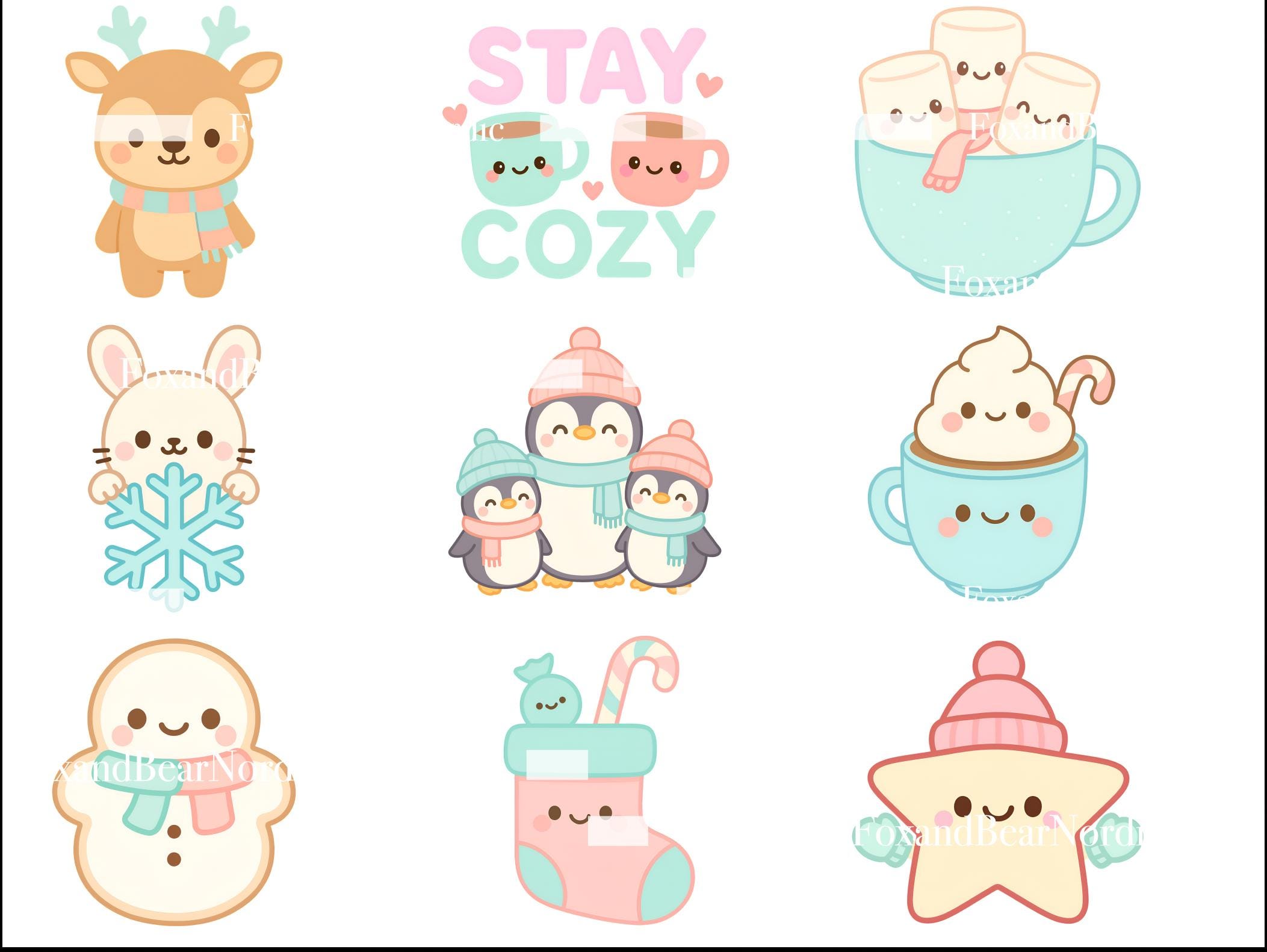 Kawaii Winter Clipart PNG Bundle | Cute Snowmen, Mugs, Penguins & Mittens | Pastel Frosty Friends Sublimation PNG image 4