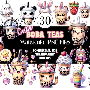 Boba Clipart Kawaii Clipart PNG Bundle Bubble Tea Clipart Süß Tier Aquarell Clipart Aquarell Clip Art Digitale Aufkleber Kommerzielle Nutzung