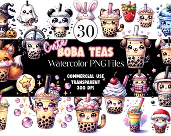 Boba Clipart Kawaii Clipart PNG Bundle Bubble Tea Clipart Süß Tier Aquarell Clipart Aquarell Clip Art Digitale Aufkleber Kommerzielle Nutzung