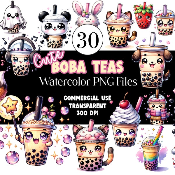 Boba Clipart Kawaii Clipart PNG Bundle Bubble Tea Clipart Cute Animal Watercolor Clipart Watercolor Clip Art Digital Stickers Commercial Use