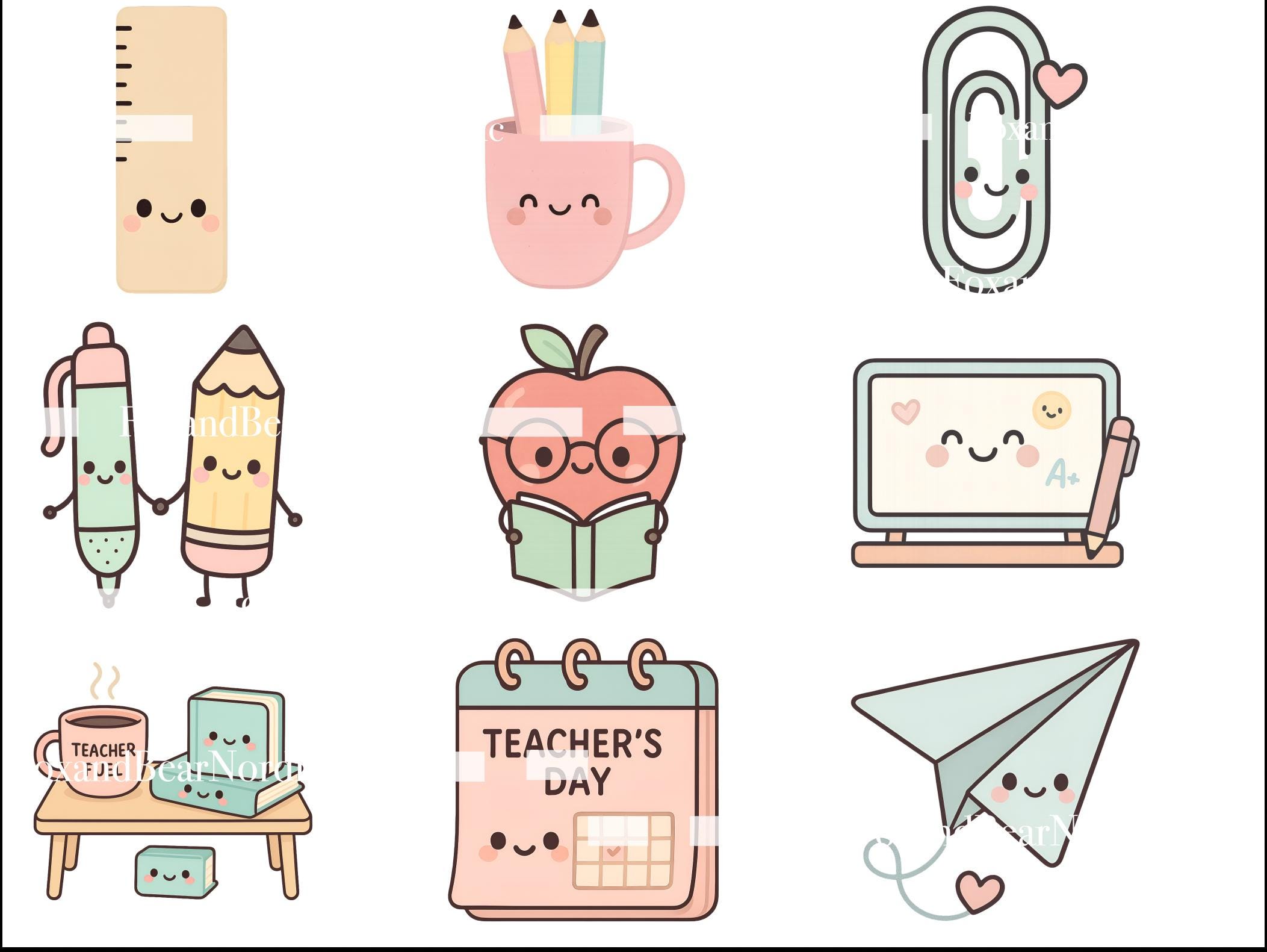 Kawaii Teacher Clipart PNG Bundle | Cute Apples, Books, Coffee & School Supplies | Pastel Classroom Clipart, 300 DPI image 5