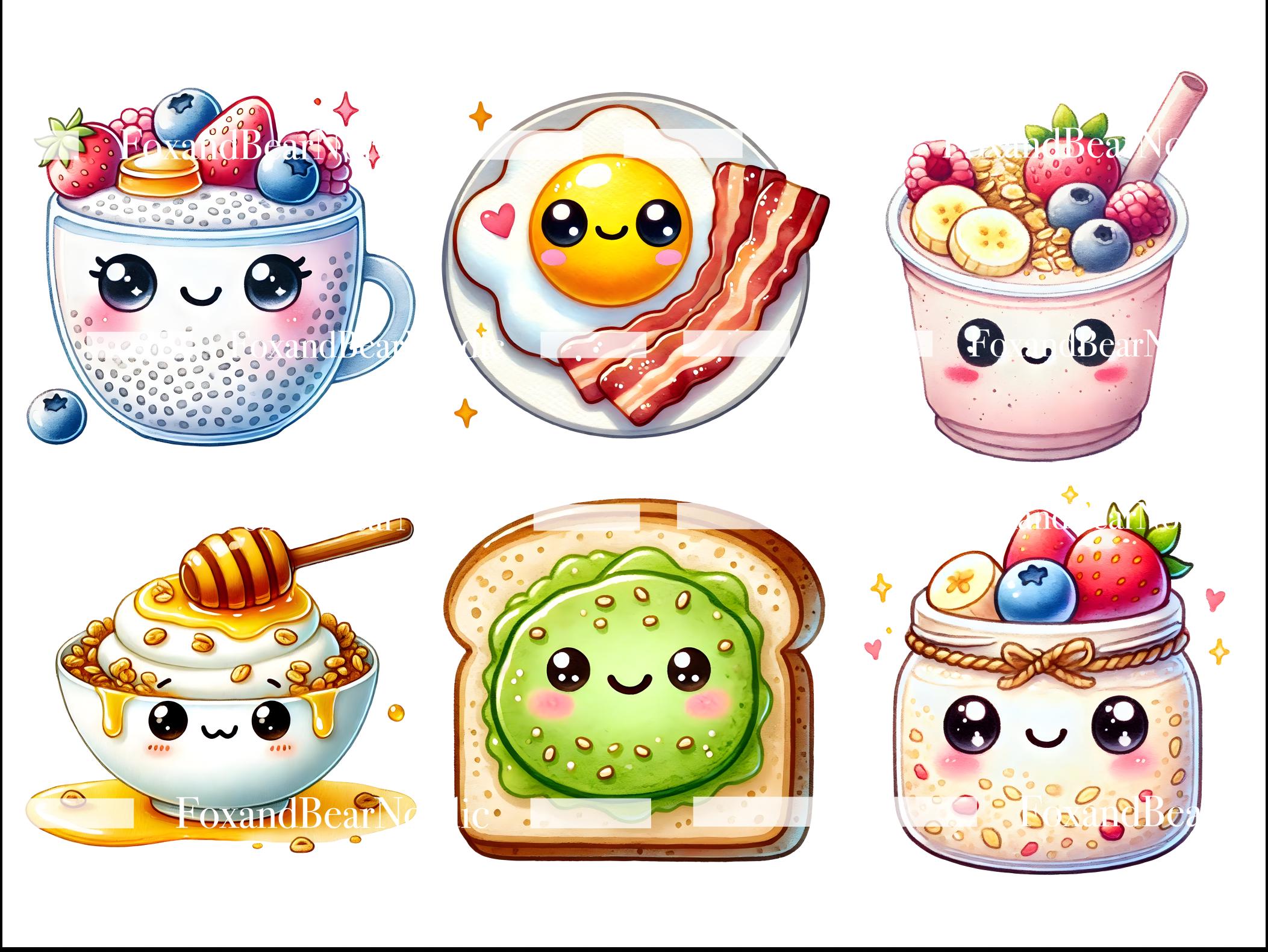 Kawaii Breakfast Clipart Food Clipart Cereal Brunch Egg Bacon Clipart Japanese Clipart Croissant Watercolor Clipart Clip Art Commercial Use image 5