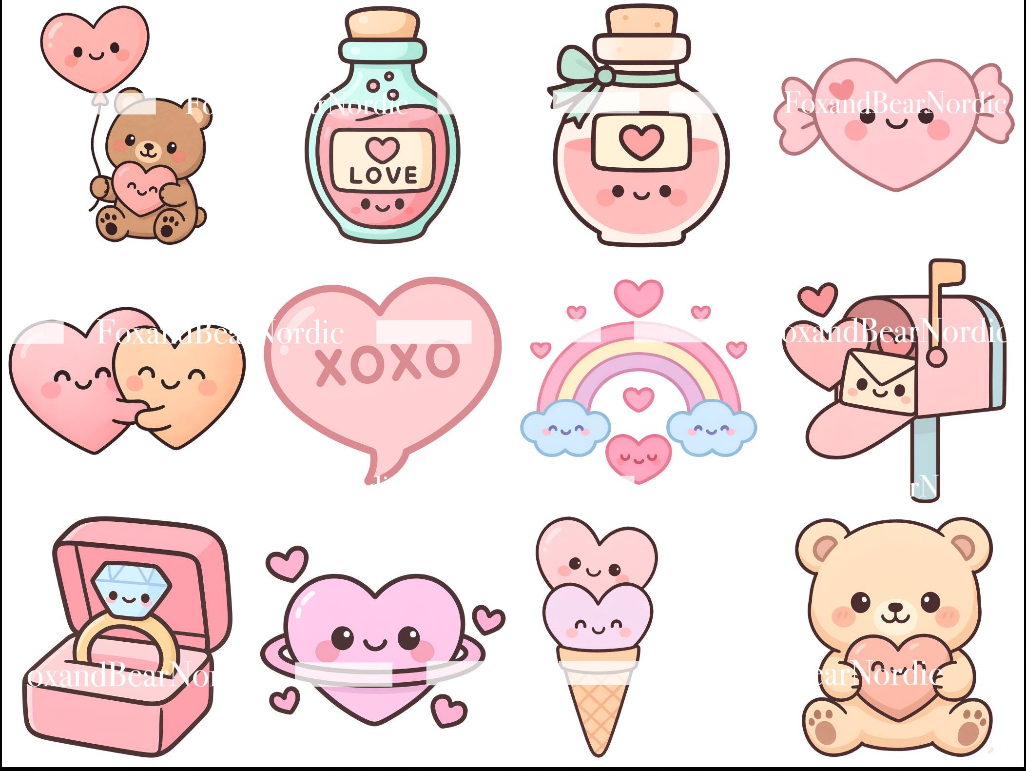Kawaii Valentine’s Clipart PNG Bundle | 25 Valentine Cute Hearts, Candy, Cupcakes & Love Characters | Pastel Pink Romantic PNG, 300 DPI image 4