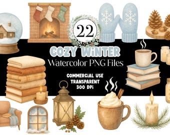 Gezellige winter aquarel clipart png bundel | Hygge-kerstmok, wanten, kaarsen, boeken en cacao: Cottagecore P