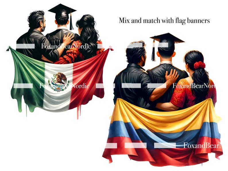 May include: Three figures, a man, a woman, and a person wearing a graduation cap and gown, stand together in front of a Mexican flag. The figures are embracing each other. The flag is green, white, and red with a coat of arms in the center. The text "Mix and match with flag banners" is visible at the top of the image.