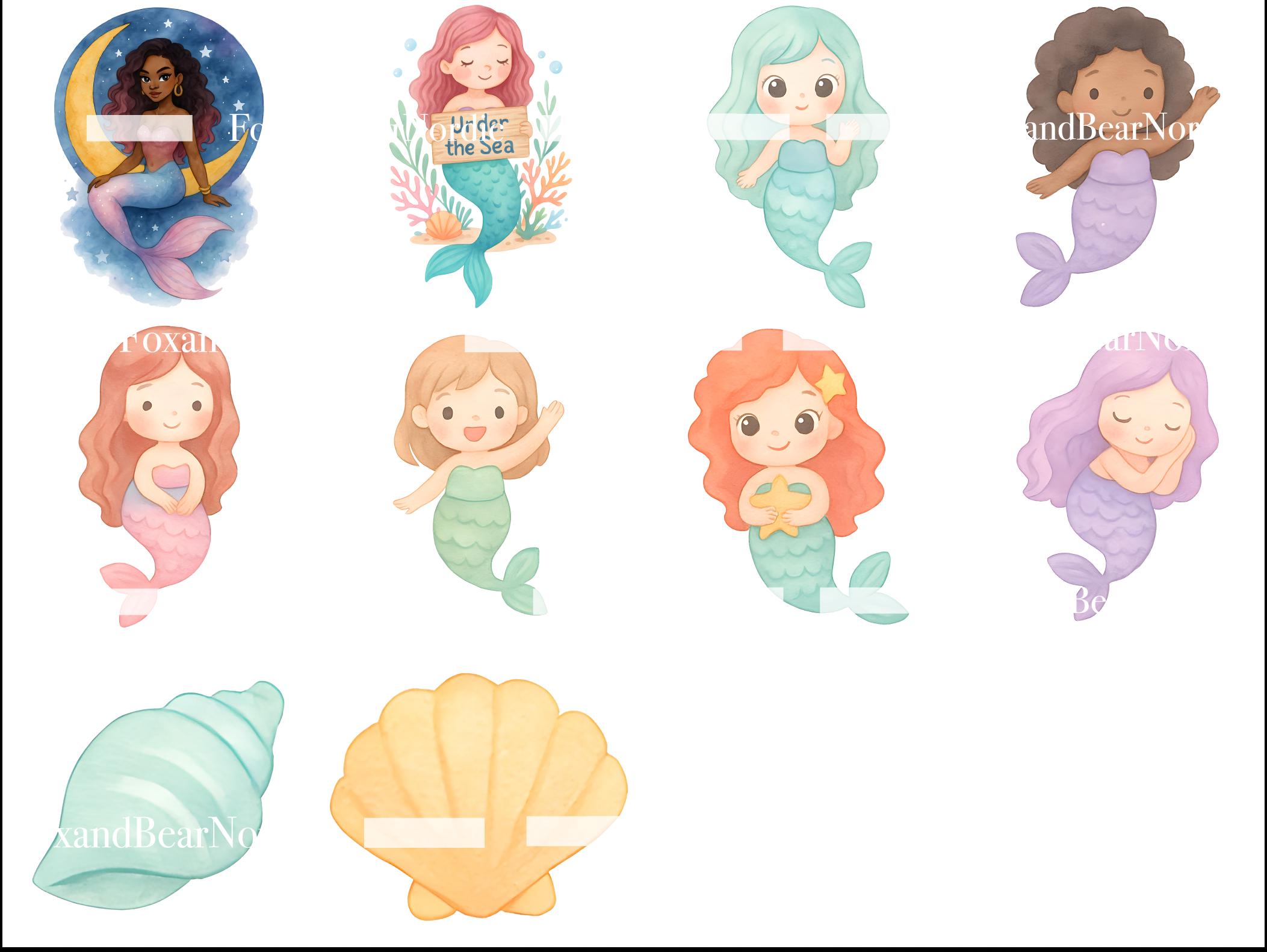 Cute Watercolor Mermaid Clipart Bundle | 34 PNG Under the Sea | Pastel Mermaids, Tails & Seashells for Nursery and Mermaid Birthday Party image 6
