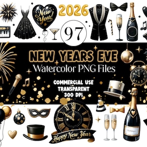 New Years Eve Clipart: Black & Gold Watercolor PNG Stickers (Digital Download)