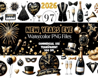 New Years Eve Clipart: Black & Gold Watercolor PNG Stickers (Digital Download)