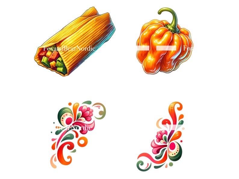 May include: A digital illustration of a yellow and orange habanero pepper, a green and orange floral design, and a yellow corn husk burrito filled with colourful vegetables.
