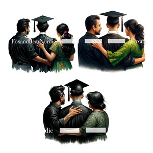 May include: Three people, two women and one man, are hugging a person wearing a black graduation gown and cap. The person in the graduation gown is standing in the middle, with their arms around the two women. The women are wearing green and black dresses. The man is wearing a black shirt and black pants. The background is white.