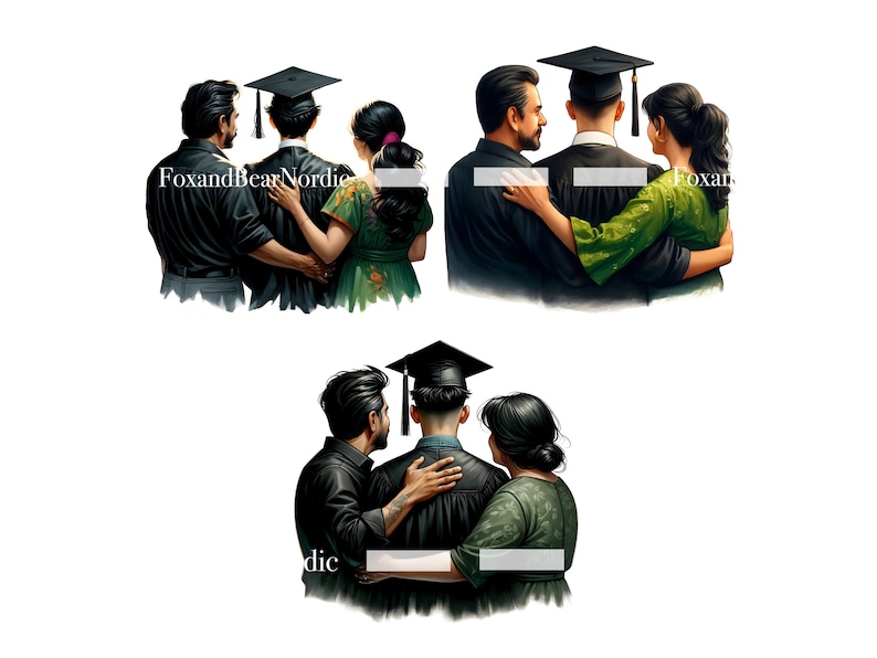 May include: Three people, two women and one man, are hugging a person wearing a black graduation gown and cap. The person in the graduation gown is standing in the middle, with their arms around the two women. The women are wearing green and black dresses. The man is wearing a black shirt and black pants. The background is white.