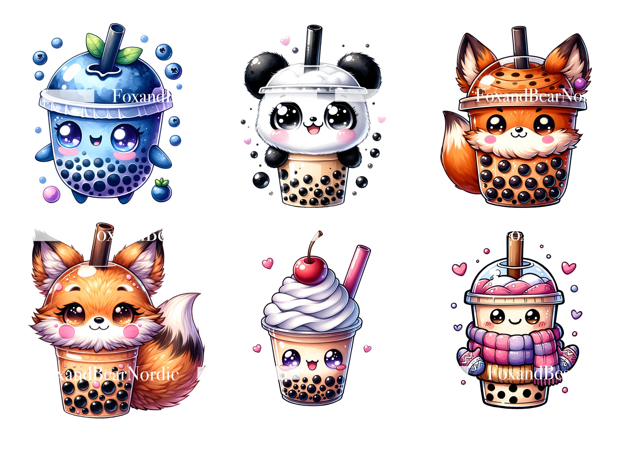 Boba Clipart Kawaii Clipart PNG Bundle Bubble Tea Clipart Cute Animal Watercolor Clipart Watercolor Clip Art Digital Stickers Commercial Use image 7