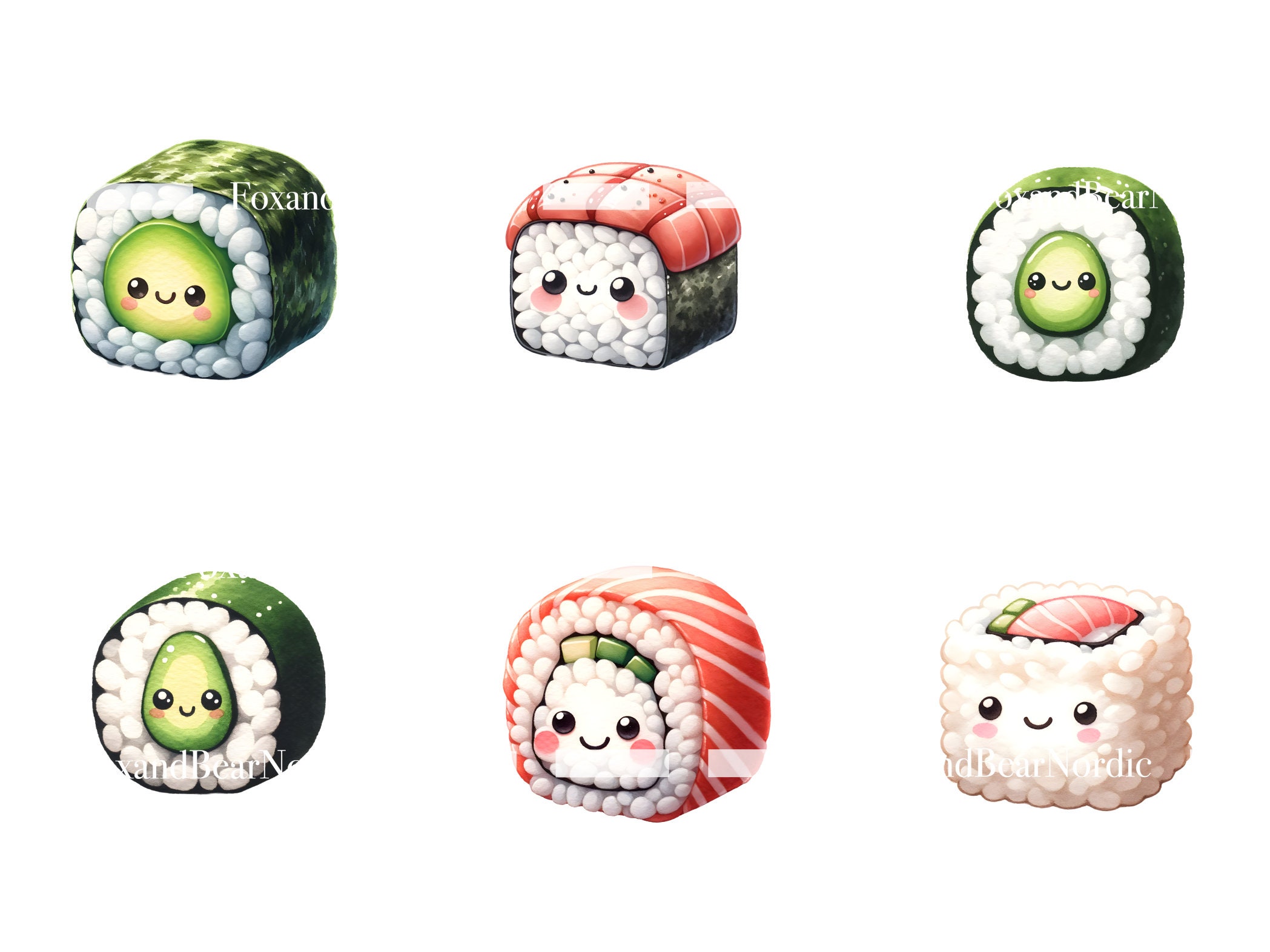 Watercolor Kawaii Sushi Clipart Food Clipart Salmon Sushi Stickers Japanese Clipart Watercolor Clipart Watercolor Clip Art Commercial Use image 4