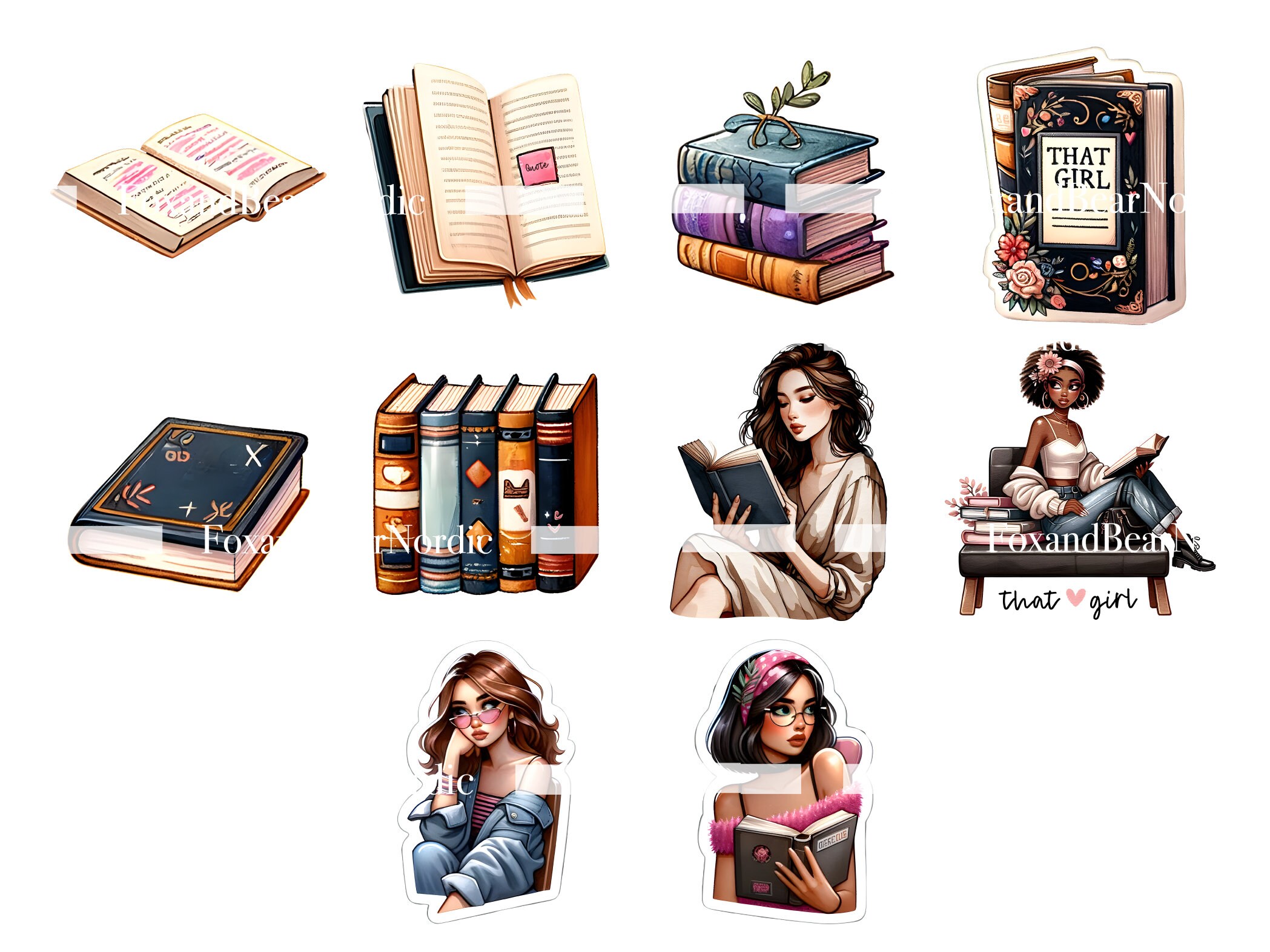 Books Clipart Bundle Bookish Stickers That Girl Planner Digital Watercolor Clipart Watercolor Clip Art Digital Stickers PNG Commercial Use image 6