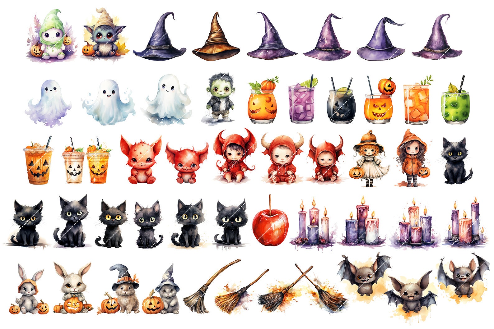 Watercolor Clip Art Bundle Halloween PNG Spooky Season PNG Pumpkin PNG Skeleton Hocus Pocus Witch Clipart Witch Hat Black Cat Commercial Use image 4