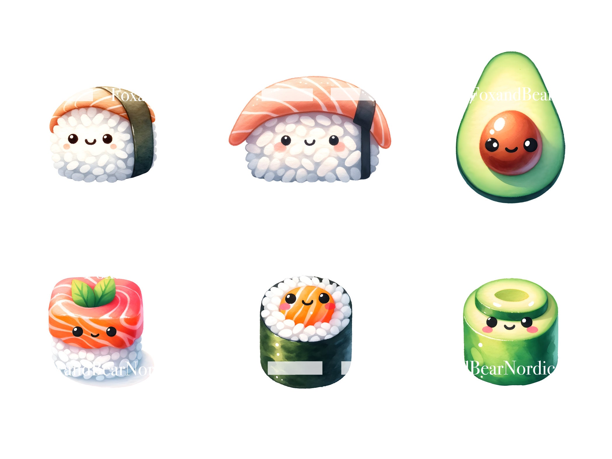 Watercolor Kawaii Sushi Clipart Food Clipart Salmon Sushi Stickers Japanese Clipart Watercolor Clipart Watercolor Clip Art Commercial Use image 5