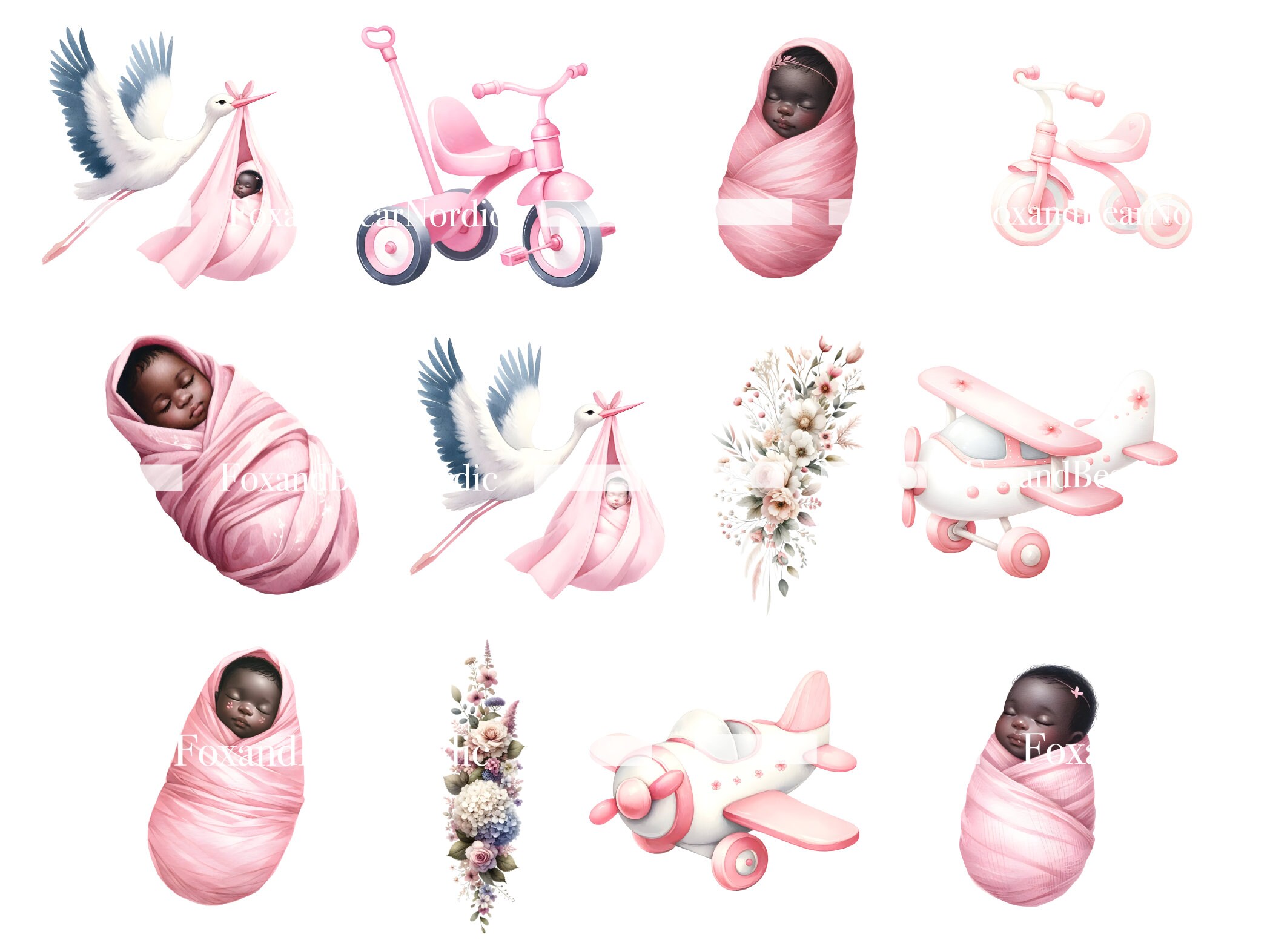 Watercolor Baby Shower Clipart Baby Girl Clipart Newborn Clipart 1st Birthday Girl PNG Stork Baby Clipart Baby Pink PNG Commercial Use image 7