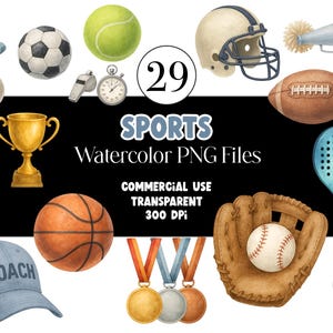 May include: Watercolor illustration of various sports equipment, including a football helmet, baseball glove, basketball, and soccer ball. The image also features a baseball, tennis ball, and a blue coach's hat. The word "SPORTS" is displayed.