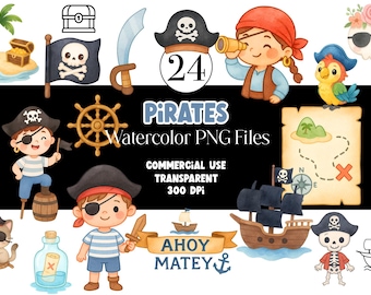 水彩海賊クリップアート、海賊船、宝箱、海賊パーティー、PNG、冒険