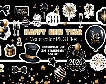 New Years Eve Stickers | Watercolor Fireworks, Balloons PNG (Digital Download)