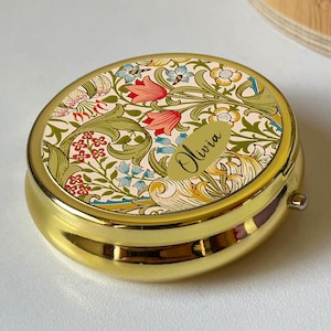 Golden Lily Green Personalised Pill Box,Round  Gold Stud Jewellery Case,Keepsake Friend,Mum,William Morris Art Nouveau,Small Accessory case