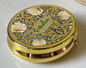 William Morris Olive Green Pimpernel Personalised Pill Box,Floral Stud Box, Keepsake Gift for Mum,Round Gold Jewellery Case,Christmas Gift