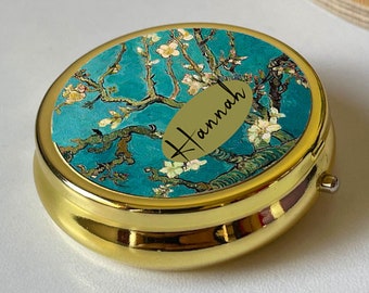 Van Gogh Teal Almond Blossom Personalised Pill Box,Round Gold Stud Case,Keepsake Friend,Mum,Travel Accessory,Wedding Favour,Christmas Gift