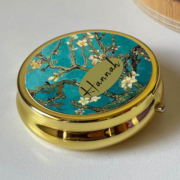 Van Gogh Teal Almond Blossom Boîte à pilules personnalisée, étui rond en or, ami souvenir, maman, accessoire de voyage, faveur de mariage, cadeau de Noël