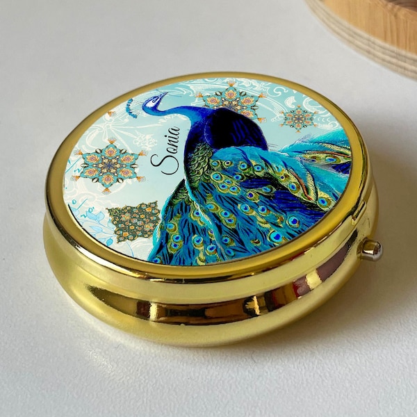 Personalised Pill Box Peacock Blue, Round Gold Stud Jewellery Case,Keepsake Gift Friend,Mum,Moroccan Bird Art,Silver Small Accessory case