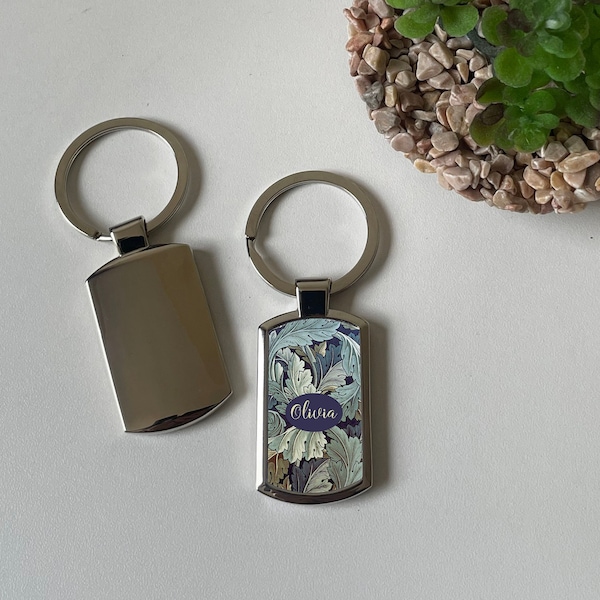 Personalised Key ring William Morris Acanthus Grey Leaves Art Nouveau with Name,Art lovers,Bridesmaid Gifts,Wedding Keepsake Mum, Grandma