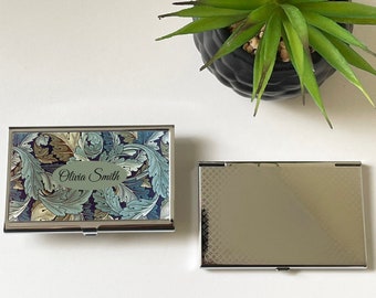 Personalised Acanthus Business Card Holder,William Morris Credit Card Case,Art Nouveau Silver Office Desk Decor,Grey Blue Leaves,Mum,Friend