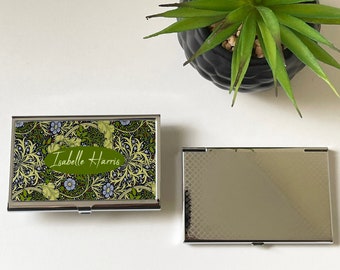 Personalised Green Seaweed Business/Credit Card Holder,William Morris Art Nouveau Office Desk decor,Leaves and Red Blue Flowers,Gift for Mum