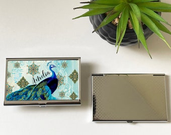 Peacock Blue Personalised Credit Card Case, Moroccan Bird Business Card Holder, Office Desk Decor Silver, Gift for Colleague, Mum, Birthday