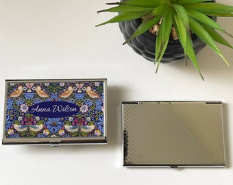 Personalised Strawberry Thief Business/Credit Card Holder,William Morris Navy Blue Art Nouveau Desk decor,Birds & Flowers Case,Gift for Mum