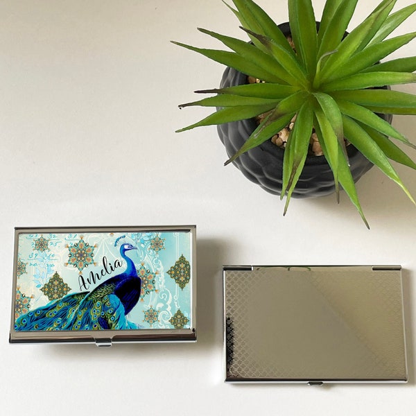 Peacock Blue Personalised Credit Card Case, Moroccan Bird Business Card Holder, Office Desk Decor Silver, Gift for Colleague, Mum, Birthday