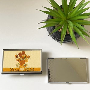 Personalisiert Van Gogh Sonnenblumen Visitenkarten Halter,Jugendstil Kreditkarten Hülle,Senfgelb Büro Schreibtisch Dekor,Floral Stahl Silber Hülle