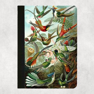 May include: A vintage illustration of a notebook cover featuring a colorful array of hummingbirds with intricate details. The hummingbirds are depicted in various poses, some in flight, others perched on branches, and all with vibrant plumage.